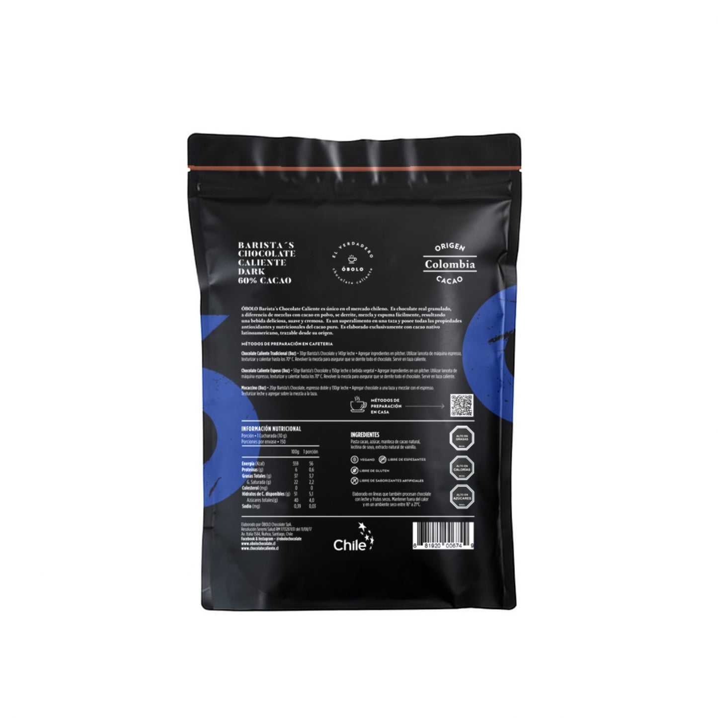 Chocolate Caliente - DARK 60% CACAO COLOMBIA (Ligero/Dulce) 1.5kg